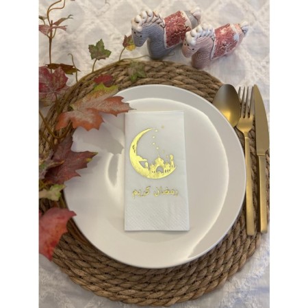 Gold Yaldızlı Beyaz Ay Desenli Arapça Ramadan Kerim Garson Katlama Peçete 16 lı
