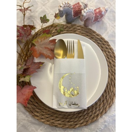 Gold Yaldızlı Beyaz Arapça Ay Desenli Ramadan Kerim Cepli Peçete 12 lı 40x40