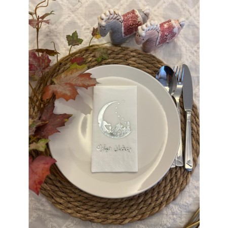 Gümüş Yaldızlı Beyaz Ay Desenli Arapça Ramadan Mubarek Garson Katlama Peçete 16 lı