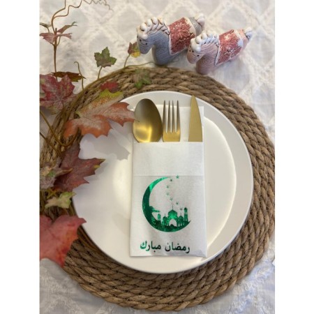 Yeşil Yaldızlı Beyaz Arapça Ay Desenli Ramadan Mübarek Cepli Peçete 12 lı 40x40