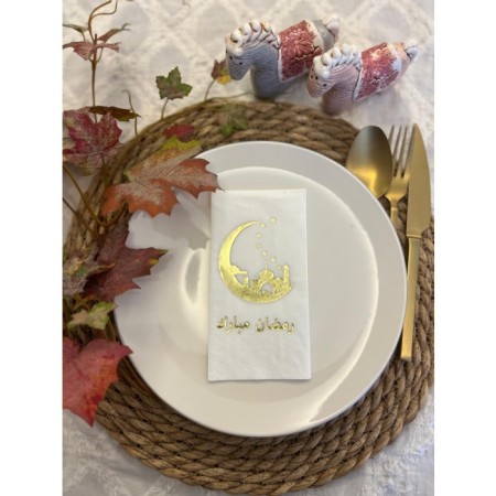 Gold Yaldızlı Beyaz Ay Desenli Arapça Ramadan Mubarek Garson Katlama Peçete 16 lı