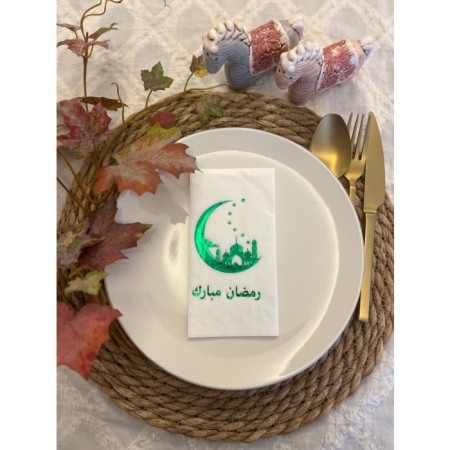 Yeşil Yaldızlı Beyaz Ay Desenli Arapça Ramadan Mubarek Garson Katlama Peçete 16 lı