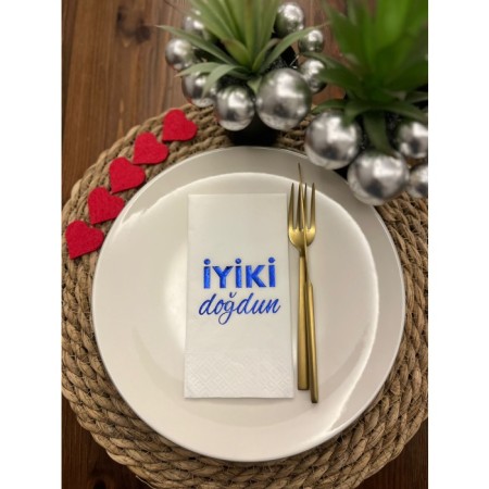 Mavi Yaldızlı Beyaz İyi Ki Doğdun Baskılı Garson Katlama Peçete 16 lı