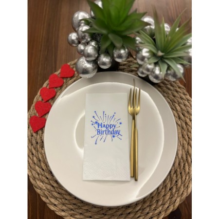 Mavi Yaldızlı Beyaz Happy Bırthday Baskılı Garson Katlama Peçete 16 lı