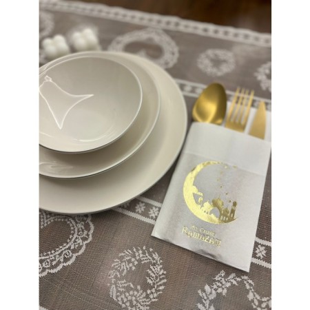 Gold Yaldızlı Beyaz Hoşgeldin Ramazan Yeni Ay Desenli Cepli Peçete 12 li