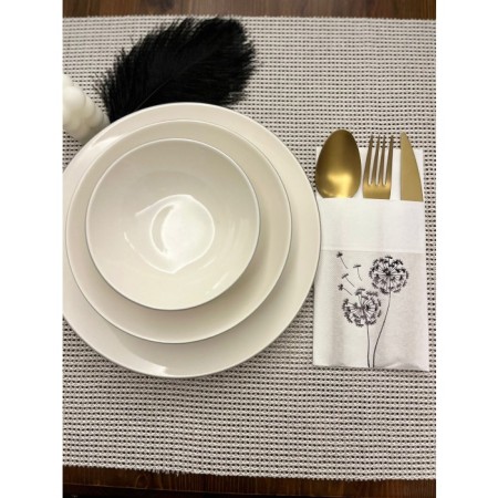 Siyah Yaldızlı Beyaz Cepli Hindiba Çiçeği Peçete 12 Adet