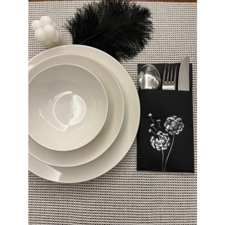 Gümüş Yaldızlı Siyah Cepli Hindiba Çiçeği Peçete 12 Adet