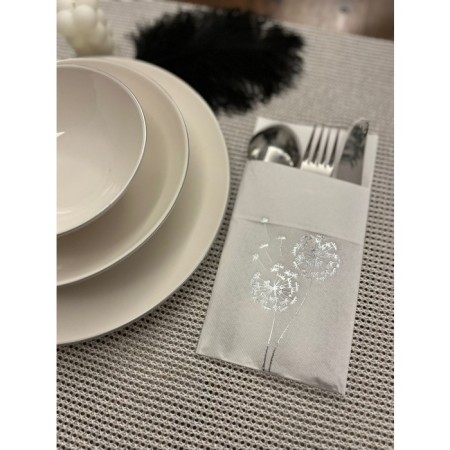 Gümüş Yaldızlı Beyaz Cepli Hindiba Çiçeği Peçete 12 Adet