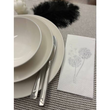 Gümüş Yaldızlı Beyaz Hindiba Çiçeği Baskılı Garson Katlama Peçete 16 lı