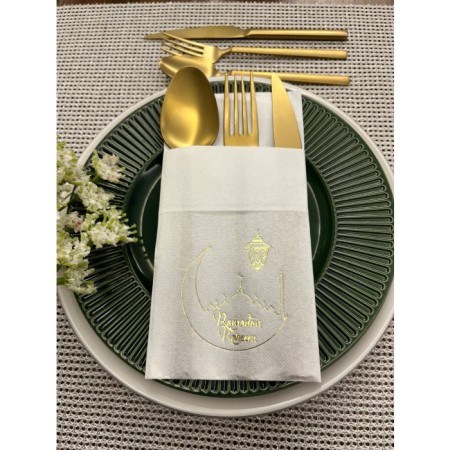 Gold Yaldızlı Ramadan Kareem Yeni Ay Desenli 12 li Beyaz Renkli Kağıt Cepli Peçete