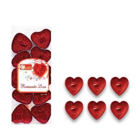Simli Kırmızı Kalpli Tealight Mum 10 Adet