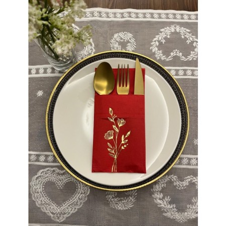 Gold Yaldızlı Kırmızı Cepli Gelincik Çiçeği Peçete 12 Adet