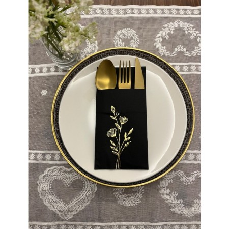 Gold Yaldızlı Siyah Cepli Gelincik Çiçeği Peçete 12 Adet