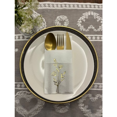 Gold Yaldızlı Beyaz Cepli Gelincik Çiçeği Peçete 12 Adet