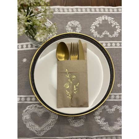 Gold Yaldızlı Kraft Cepli Gelincik Çiçeği Peçete 12 Adet