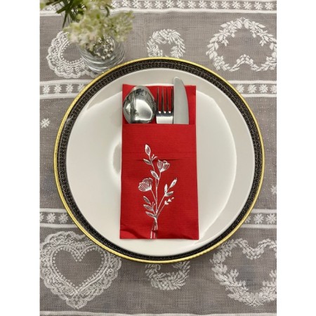 Gümüş Yaldızlı Kırmızı Cepli Gelincik Çiçeği Peçete 12 Adet