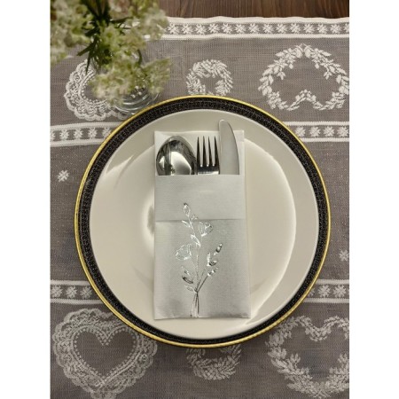 Gümüş Yaldızlı Beyaz Cepli Gelincik Çiçeği Peçete 12 Adet