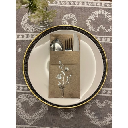 Gümüş Yaldızlı Kraft Cepli Gelincik Çiçeği Peçete 12 Adet