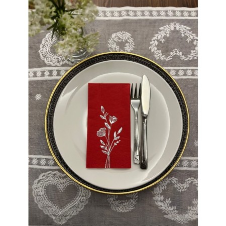 Gümüş Yaldızlı Kırmızı Gelincik Çiçeği Baskılı Garson Katlama Peçete 16 lı