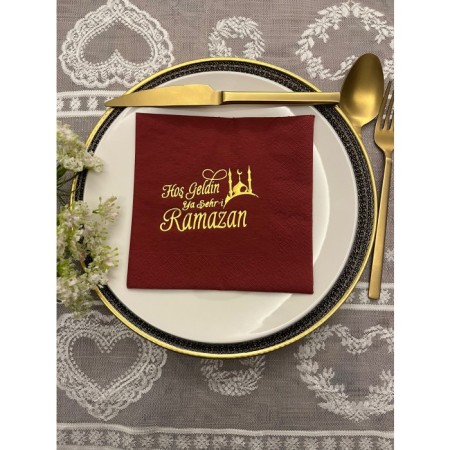 Gold Yaldızlı Bordo Hoş Geldin Ya Şehr-i Ramazan Peçete 33x33