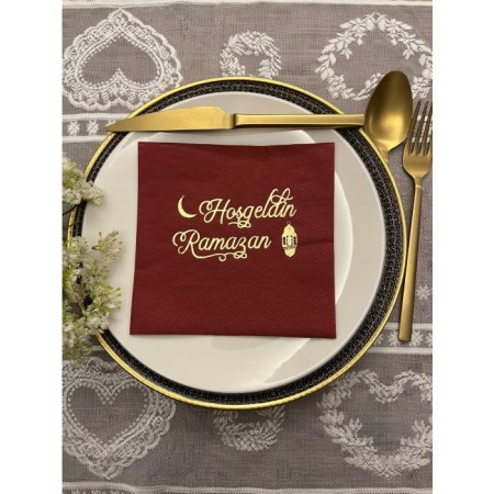 Gold Yaldızlı Bordo Hoş Geldin Ramazan Peçete 33x33