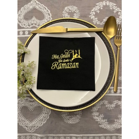 Gold Yaldızlı Siyah Hoş Geldin Ya Şehr-i Ramazan Peçete 33x33