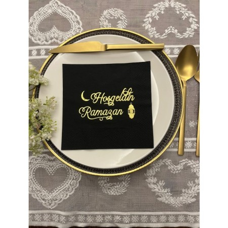 Gold Yaldızlı Siyah Hoş Geldin Ramazan Peçete 33x33