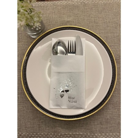 Gümüş Yaldızlı Beyaz İftar Vakti Cepli Peçete 12 Adet