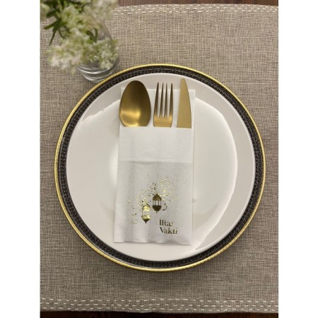 Gold Yaldızlı Beyaz İftar Vakti Cepli Peçete 12 Adet