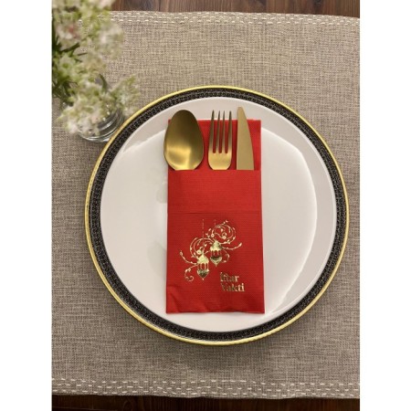 Gold Yaldızlı Kırmızı İftar Vakti Cepli Peçete 12 Adet