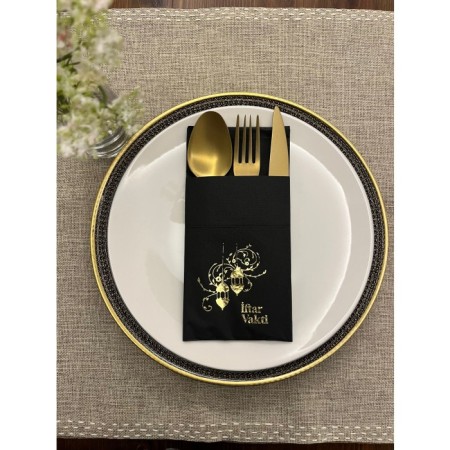 Gold Yaldızlı Siyah İftar Vakti Cepli Peçete 12 Adet