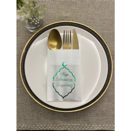 Yeşil Yaldızlı Ay Desenli Beyaz İftar Soframıza Hoşgeldiniz Cepli Peçete 12 Adet