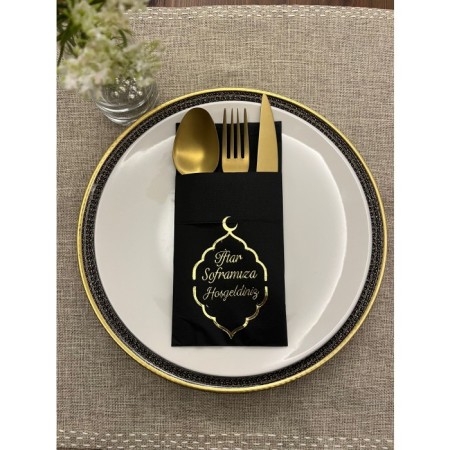 Gold Yaldızlı Ay Desenli Siyah İftar Soframıza Hoşgeldiniz Cepli Peçete 12 Adet