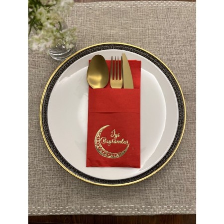 Gold Yaldızlı Kırmızı Ay Desenli İyi Bayramlar Cepli  Peçete 12 lı