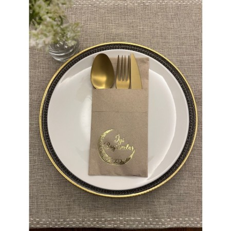 Gold Yaldızlı Kraft Ay Desenli İyi Bayramlar Cepli Peçete 12 lı