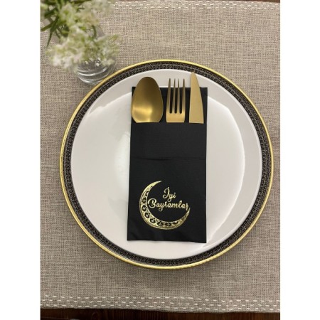 Gold Yaldızlı Siyah Ay Desenli İyi Bayramlar Cepli Peçete 12 lı