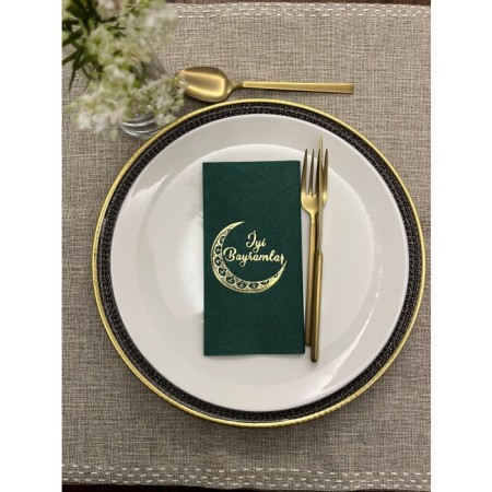Gold Yaldızlı Yeşil Ay Desenli İyi Bayramlar Peçete 16 Adet