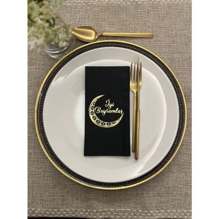 Gold Yaldızlı Siyah Ay Desenli İyi Bayramlar Peçete 16 Adet
