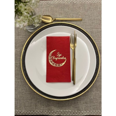 Gold Yaldızlı Kırmızı Ay Desenli İyi Bayramlar Peçete 16 Adet