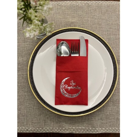 Gümüş Yaldızlı Kırmızı Ay Desenli İyi Bayramlar Cepli Peçete 12 lı