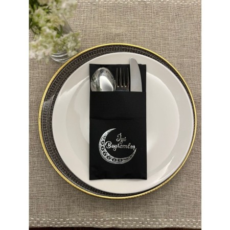 Gümüş Yaldızlı Siyah Ay Desenli İyi Bayramlar Cepli Peçete 12 lı