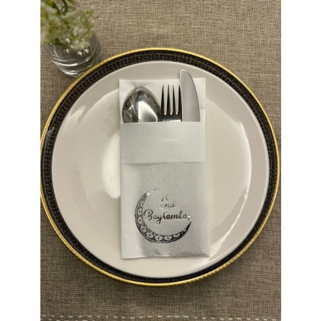 Gümüş Yaldızlı Beyaz Ay Desenli İyi Bayramlar Cepli Peçete 12 lı