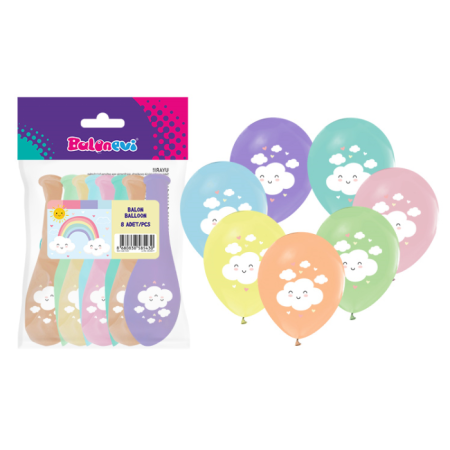 Gökkuşağı Bulut Baskılı Balon 8 li