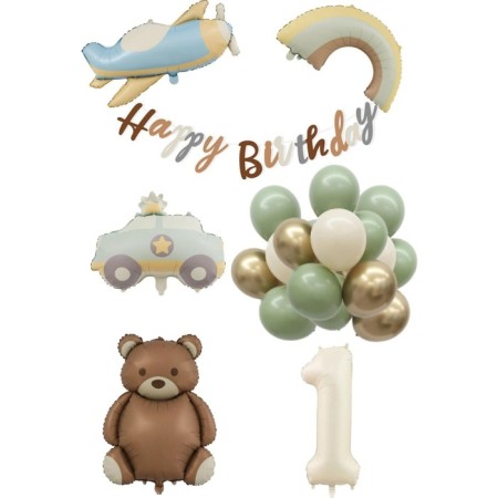 Retro Doğum Günü Uçak Araba Gökkuşağı Ayıcık Yaş Balon Seti