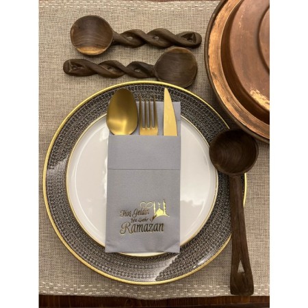 Gold Yaldızlı Gri Kumaş Dokulu Hoş Geldin Ya Şehri Ramazan Cepli Peçete 6 lı