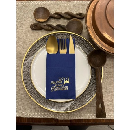 Gold Yaldızlı Lacivert Kumaş Dokulu Hoş Geldin Ya Şehri Ramazan Cepli Peçete 6 lı