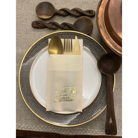 Gold Yaldızlı Krem Kumaş Dokulu Hoş Geldin Ya Şehri Ramazan Cepli Peçete 6 lı