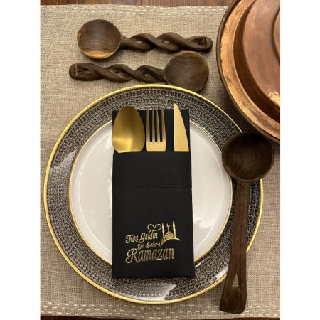 Gold Yaldızlı Siyah Kumaş Dokulu Hoş Geldin Ya Şehri Ramazan Cepli Peçete 6 lı