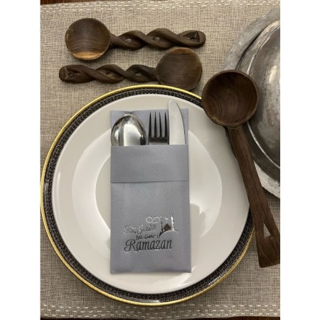 Gümüş Yaldızlı Kumaş Dokulu Hoş Geldin Ya Şehri Ramazan Gri Cepli Peçete 6 lı