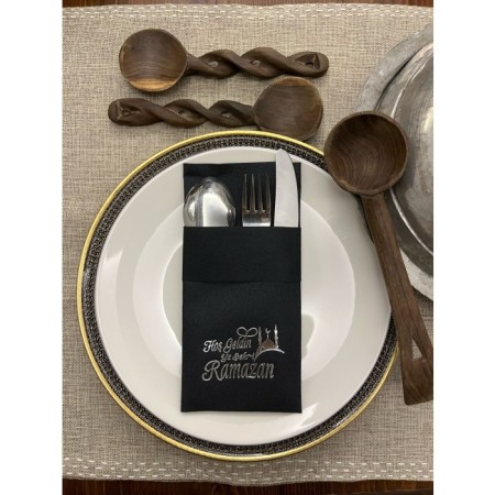 Gümüş Yaldızlı Kumaş Dokulu Hoş Geldin Ya Şehri Ramazan Siyah Cepli Peçete 6 lı